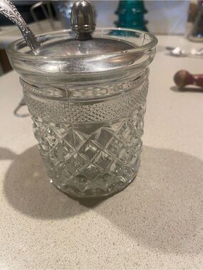 Vintage Pressed Glass Sugar Jar - and 1881 Roger’s Oneida Sugar Spoon